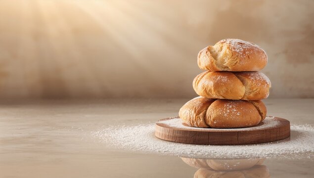 Freshly Baked Bread Rolls Stacked on a Wooden Board with Soft Light