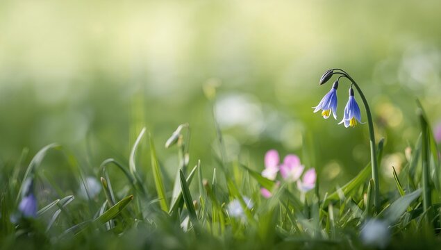 Delicate Bluebell Flower Drooping Among Lush Green Grass in Soft Light