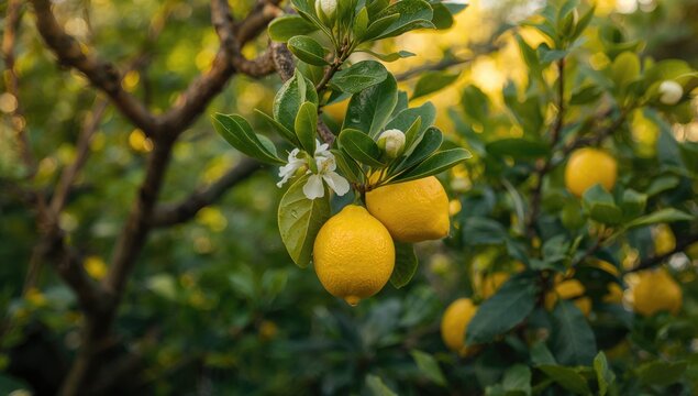 Lemons Growing on a Tree Branch with Blossoms in a Sunny Garden