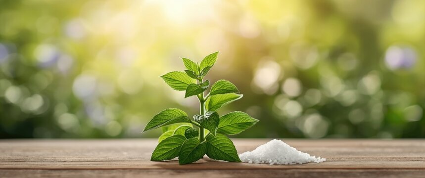 Mint Plant Growing beside Salt on a Wooden Table in Soft Natural Light