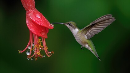 Naklejka premium Hummingbird Hovering Near Red Flower with Dew Drops in Lush Green Background