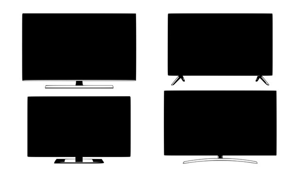 Set of four black television screen silhouettes with different stand designs isolated on a white background