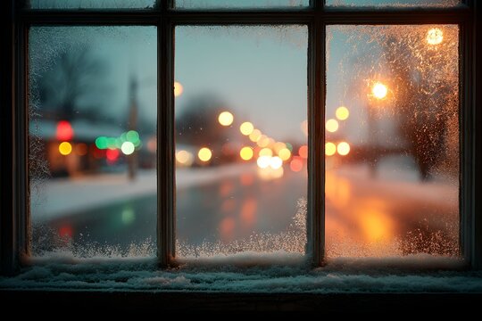 A frosted window overlooking a snowy street scene at dusk. The lights from passing cars and streetlights create a bokeh effect, adding a magical atmosphere to the winter night