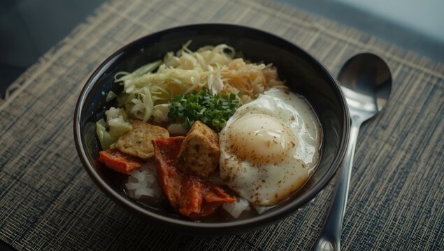 Bowl of Rice Topped with Poached Egg and Vegetables on Woven Mat