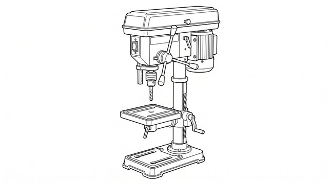 Bench drill press technical illustration. Industrial workshop machine line drawing.