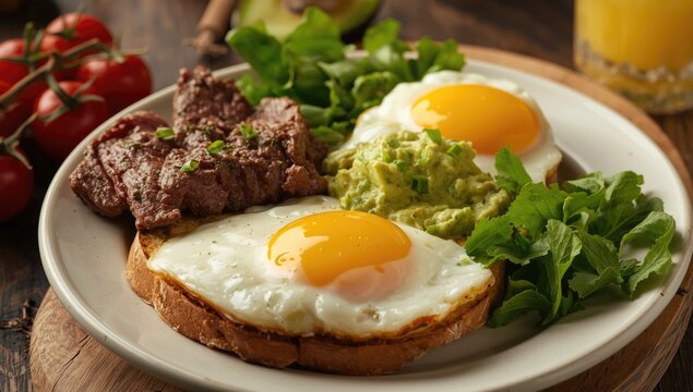 Breakfast Plate with Fried Eggs Avocado Salsa Beef and Fresh Greens