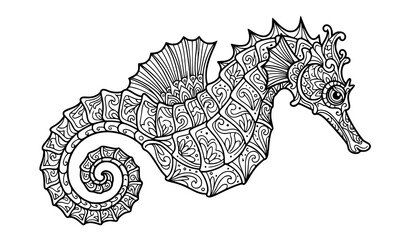 Detailed black and white illustration of a decorative seahorse with intricate patterns for coloring book pages © Nahid