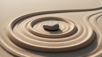 Naklejka premium Stone Centered in Zen Sand Garden with Ripple Patterns
