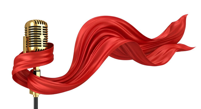 Vintage gold microphone with flowing red silk fabric, elegant retro vocal mic for jazz performance, luxury music awards and gala entertainment concept isolated PNG with Transparent Background