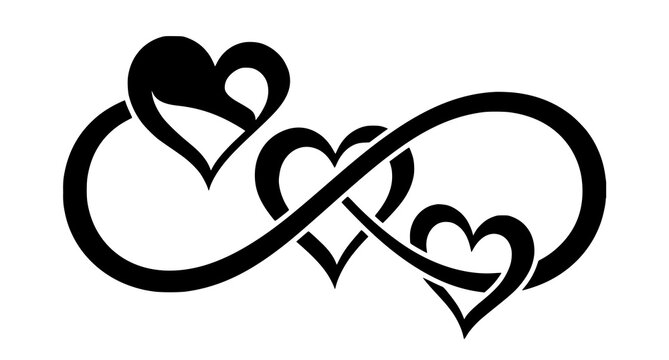 Black and white infinity symbol intertwined with three stylized hearts representing eternal love and family bonds