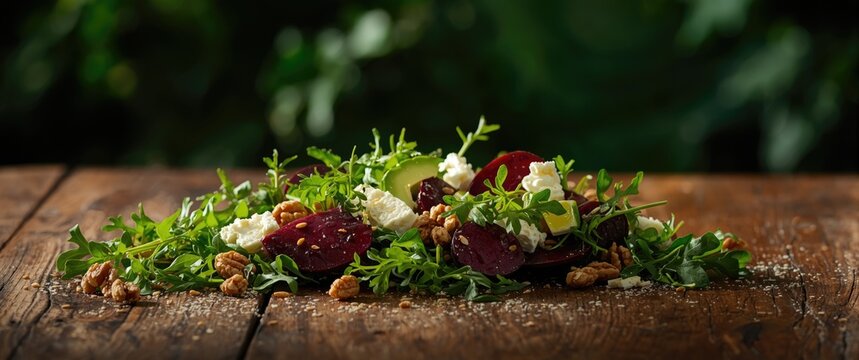 Fresh Salad with Beets Goat Cheese and Walnuts on a Wooden Table with Green Background