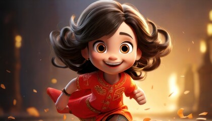 Fototapeta premium Animated Girl Running with Joyful Expression in a Vibrant Setting.