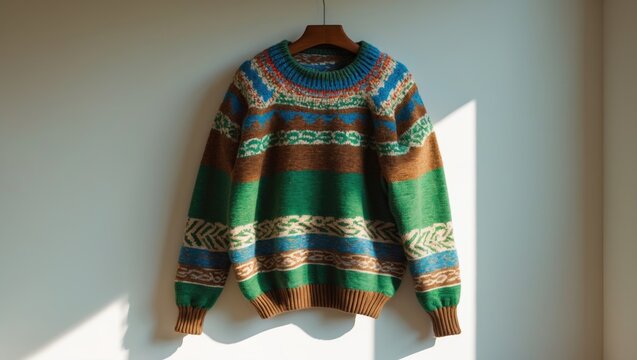 Image of a wool knitted sweater, brown and green pullover featuring a large colorful yoke in a traditional knitting pattern