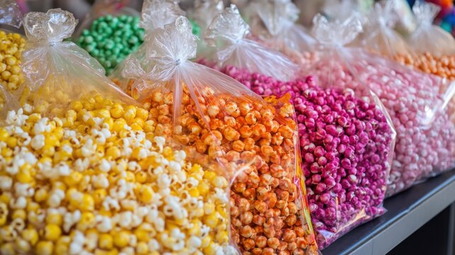 Assortment of Colorful Popcorn Bags Displayed at a Carnival