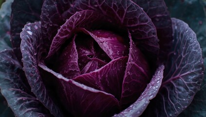 Fototapeta premium Vibrant Purple Cabbage Closeup with Raindrops on Petals