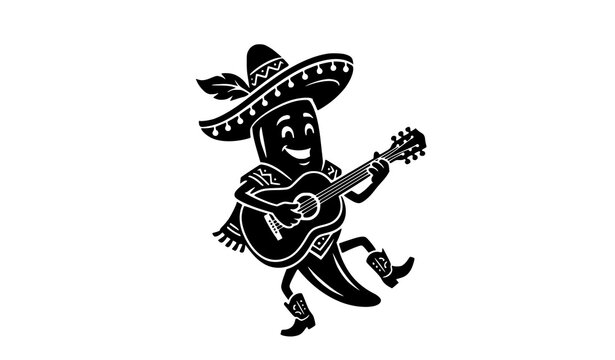 Black and white vector illustration of a happy chili pepper character wearing a sombrero and playing guitar