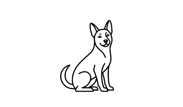 Simple black and white line art illustration of a friendly sitting dog isolated on white background