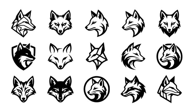 Set of fifteen stylized fox head icons and logos in black and white minimalist vector design
