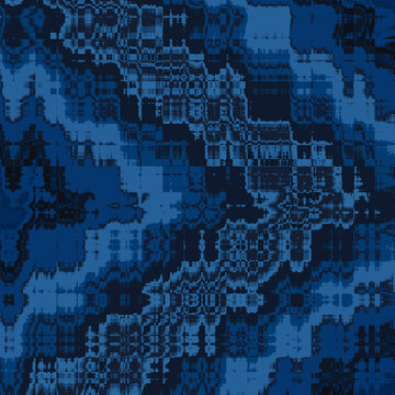 Deep Navy Blue Digital Glitch Pattern - Abstract Cyber Camouflage Texture. Dark Indigo Pixelated Camo Background - Modern Glitch Art Texture