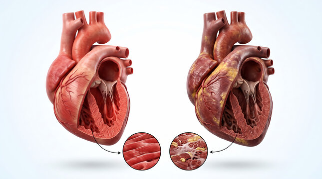 Healthy Heart vs Smoker Heart Cross Section with Magnified Cardiac Muscle Damage Medical Illustration