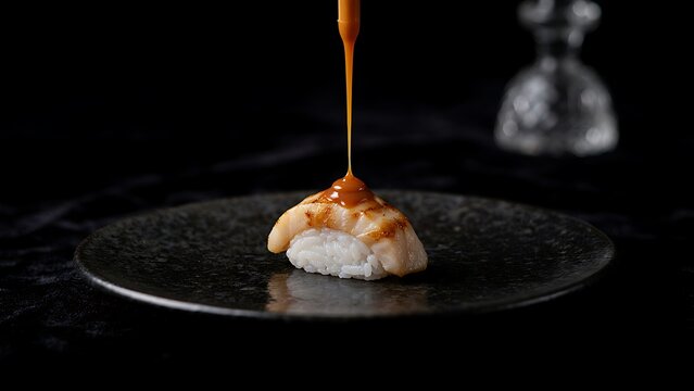 Aburi scallop nigiri sushi with savory sauce being poured on top against a black background