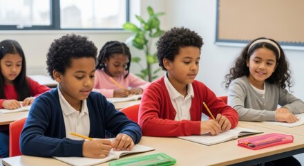 Obraz premium Diverse Children Focused on Learning in a Classroom Setting