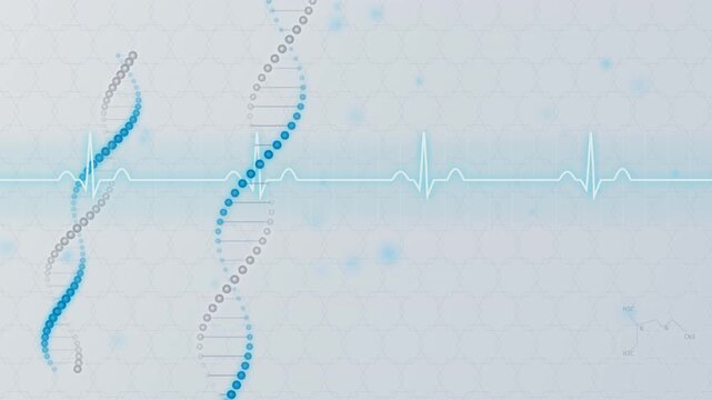 Rotating double helix dna strand medical animation featuring clinical heart rate monitor pulse wave motion background
