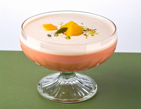Mango lassi served in crystal coupe glass, elegant garnish placement, smooth creamy texture, controlled studio lighting.