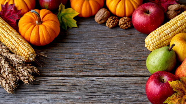 Autumn harvest frame with pumpkins apples pears corn wheat and copy space