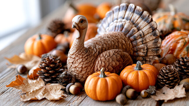 Thanksgiving turkey figurines surrounded by pumpkins pinecones acorns and autumn leaves decorations