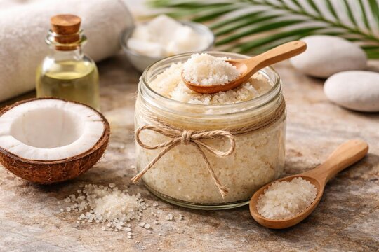 Coconut Bath Salt in a Jar with Wooden Spoon and Spa Essentials