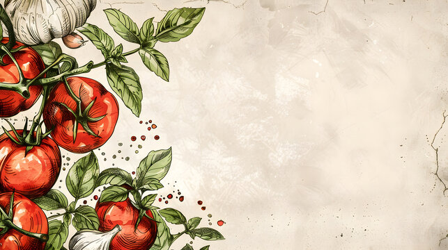 Vintage sketch food background with red tomatoes on vine, fresh basil leaves, garlic and peppercorns on rustic paper texture with copy space