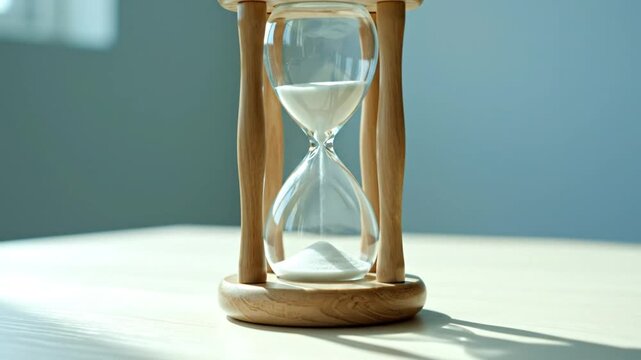 Hourglass slowly measuring time on wooden table, white sand falling, concept of time passing and deadlines