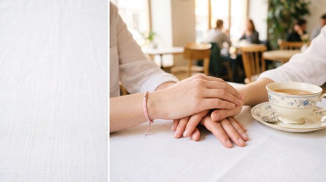 Close up view of two female hands on white linen tablecloth next to tea cup with thin pink textile bracelet illustrating solidarity concept layout for breast cancer awareness month campaign