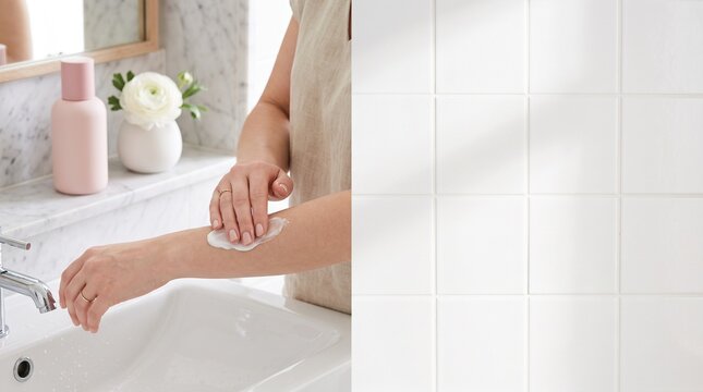 Close up view of woman hands massaging cream over white sink with matte pink cosmetic bottle on marble shelf illustrating wellness lifestyle layout for breast cancer awareness month campaign