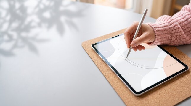 Close up view of woman hand in soft pastel pink knitted sleeve holding metal stylus and tracing line on touch screen tablet display illustrating work layout for breast cancer awareness month