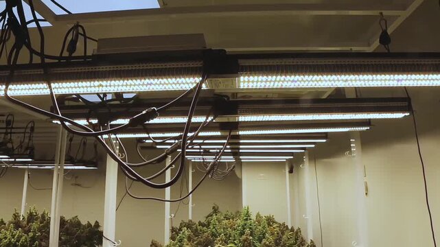 professional scientist wearing a lab coat, face mask, and hairnet inspects cannabis plants growing indoors under led lights in a modern commercial cultivation facility