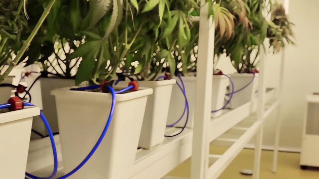 professional scientist wearing a lab coat, face mask, and hairnet inspects cannabis plants growing indoors under led lights in a modern commercial cultivation facility