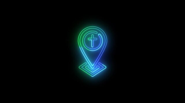 Modern animated neon Christian church location pin icon featuring a glowing map marker with a cross on a black background. Represents church location, place of worship, Christian navigation, religious