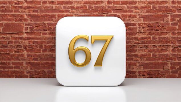 Golden Number 67 on White Background Against Brick Wall