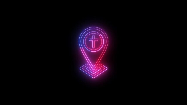 Modern animated neon Christian church location pin icon featuring a glowing map marker with a cross on a black background. Represents church location, place of worship, Christian navigation, religious