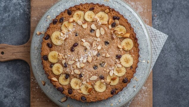 Banana Almond Cake Topped with Sliced Bananas and Nuts on Rustic Wood Serving Board