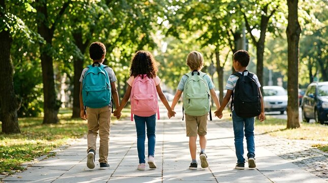 A group of happy diverse children holding hands and walking together in a park on their way to school back to school