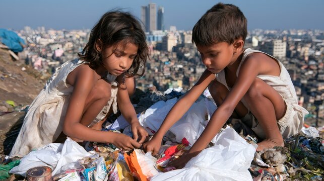 Children scavenging garbage pile in urban slum