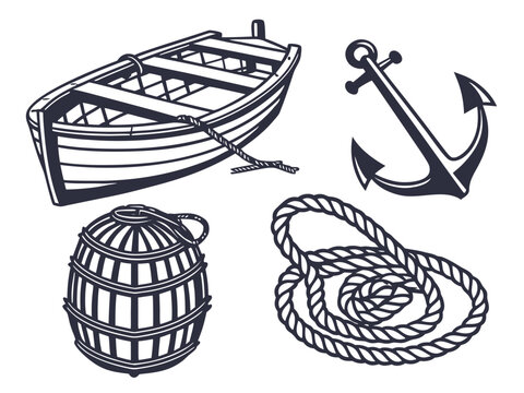 Four coastal village objects wooden fishing boat, fishing basket, anchor, and coiled rope. Minimal solid black vector artwork on white, balanced four-item arrangement, clean silhouettes, precise 