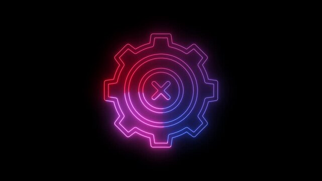 Modern animated neon settings error icon featuring a glowing gear with an X symbol on a black background. Represents configuration failure, system error, settings issue, software malfunction, technica