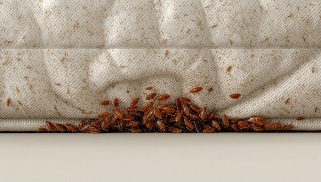 Infestation of Bed Bugs Crawling on a Mattress Edge in Closeup View