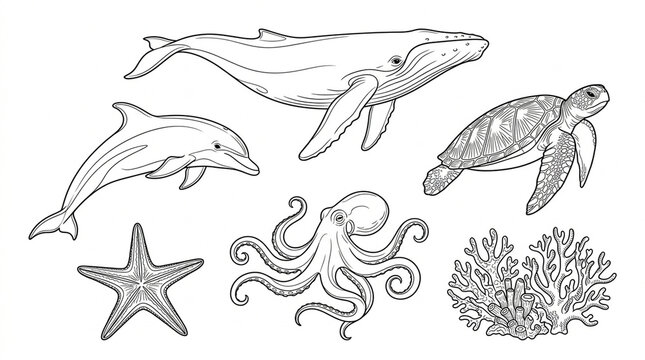 Set of marine animal illustrations for coloring book pages with whale dolphin turtle octopus starfish and coral.