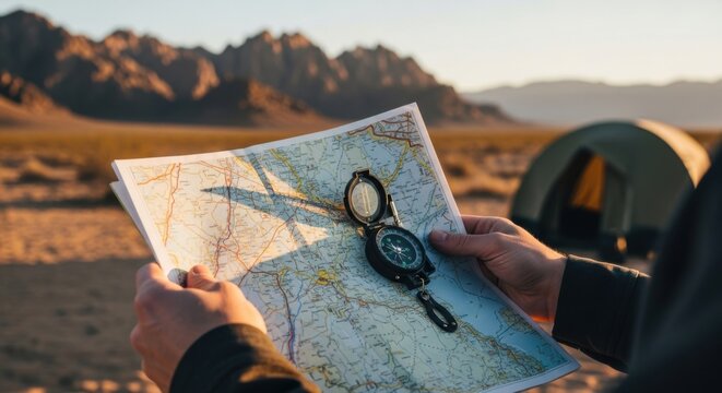 Hands holding compass and map for outdoor exploration