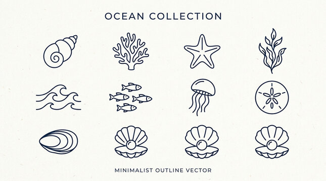 Minimalist outline vector icon set featuring various ocean life and sea elements.